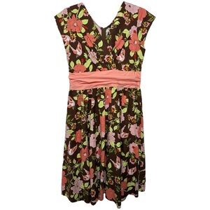 Folter 50s Style Floral Bird Dress Sz Lg Brown Pink Fit Flare Rockabilly Pin Up
